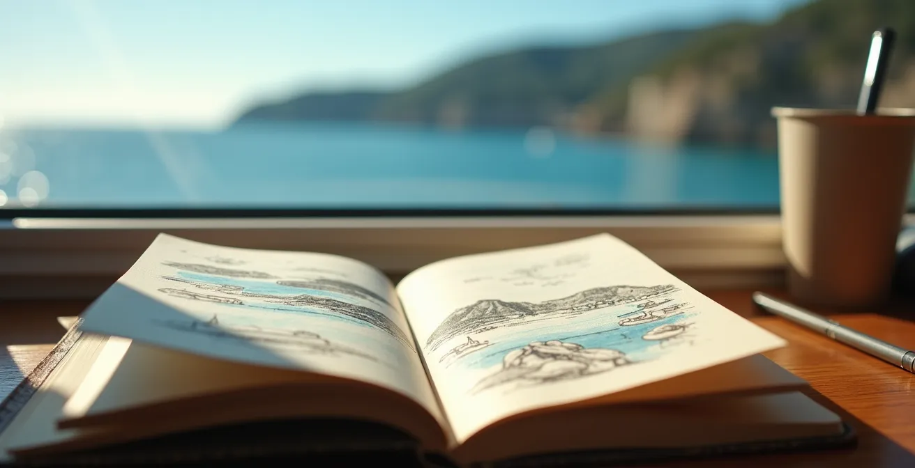 Carnet de voyage ouvert avec dessin de mer et paysage corse à côté d’une fenêtre de ferry