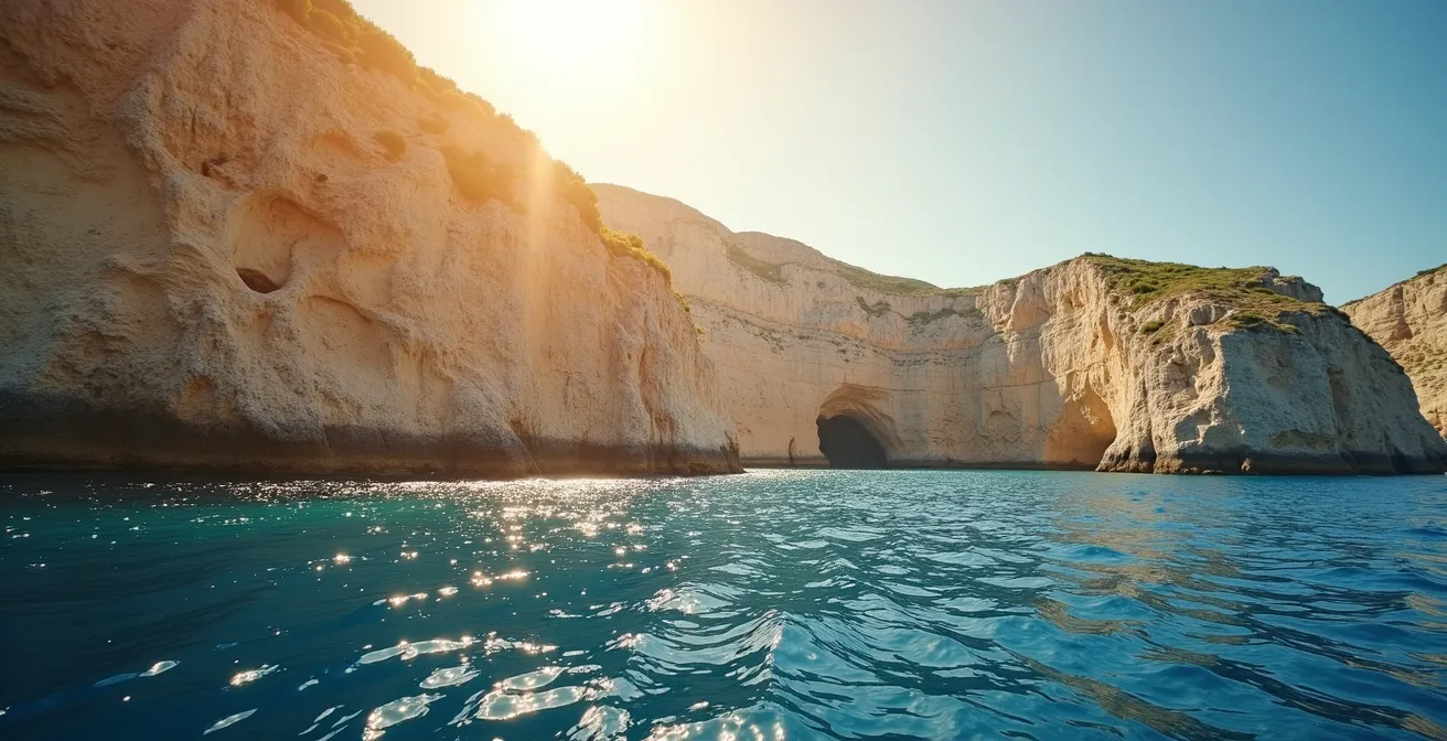 Falaises calcaires de Bonifacio vues depuis la mer sous une lumière dorée