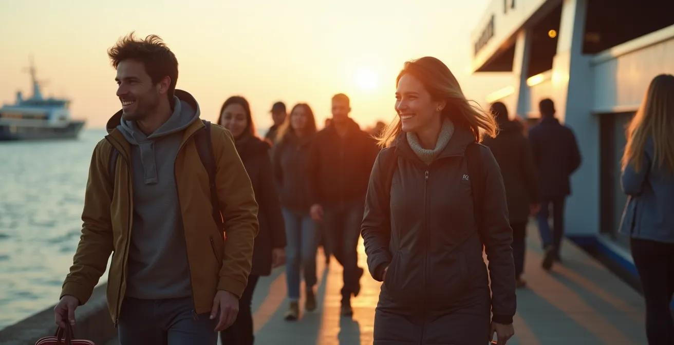 Passagers embarquant sur un ferry face à la mer au petit matin avec lumière douce
